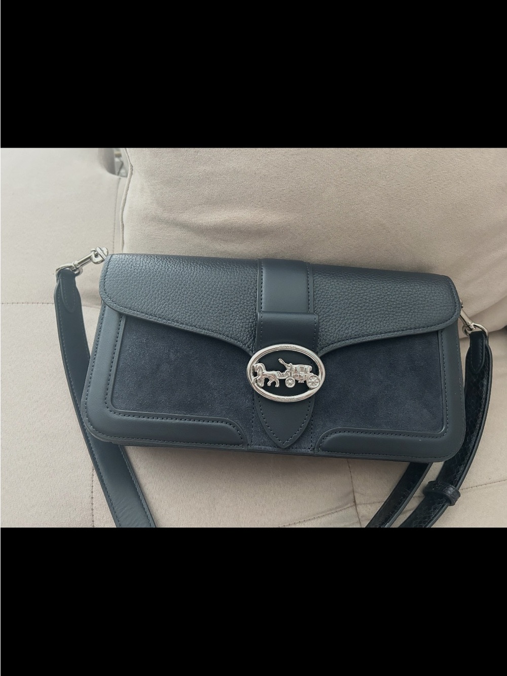 NWOT Coach Navy Leather & Suede Crossbody with Silver Horse-and-Carriage Accent